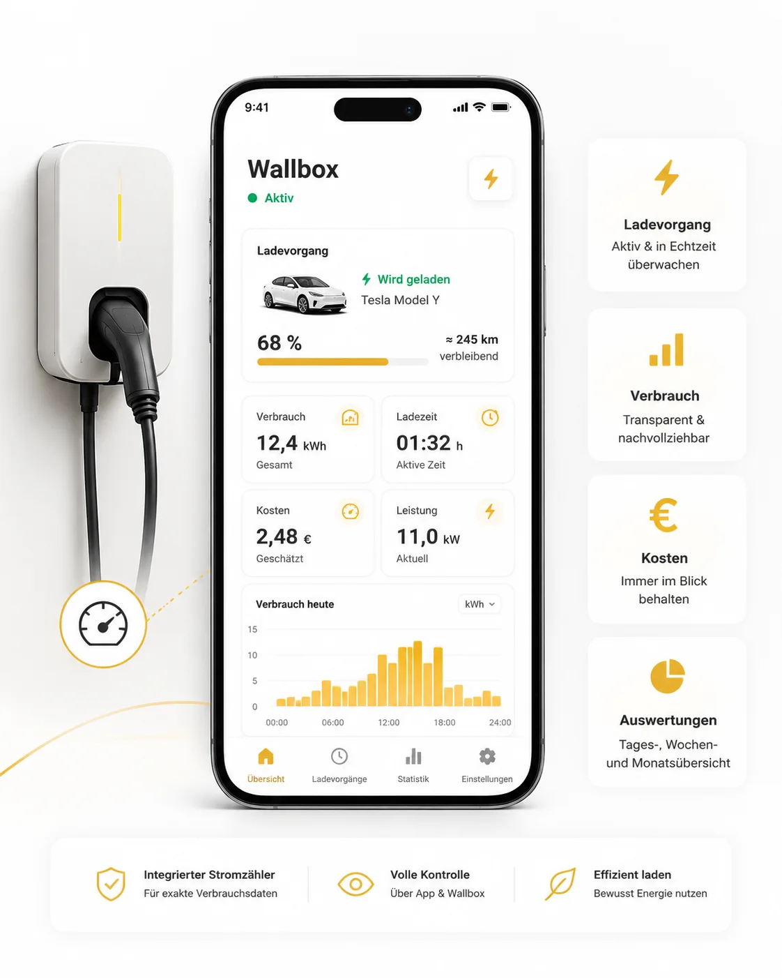 App zeigt den Stromverbrauch einer Wallbox übersichtlich an.