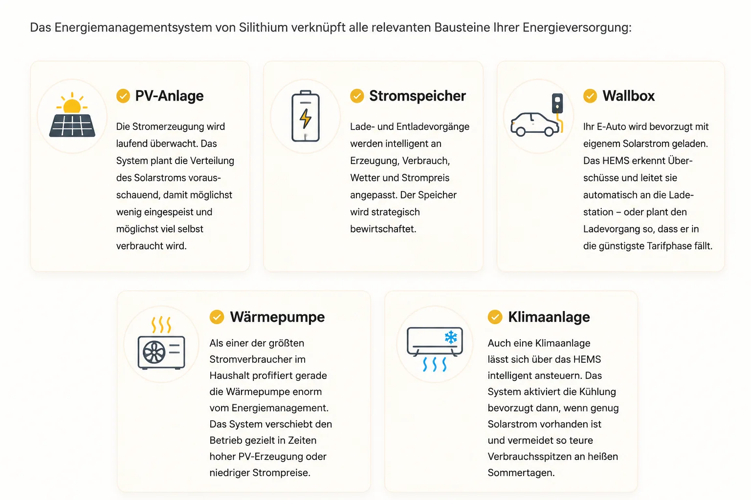 Infografik der HEMS-Komponenten: PV-Anlage, Stromspeicher, Wallbox, Wärmepumpe und Klimaanlage mit Icons, Titel und kurzer Beschreibung der Funktionen des Energiemanagementsystems von Silithium.