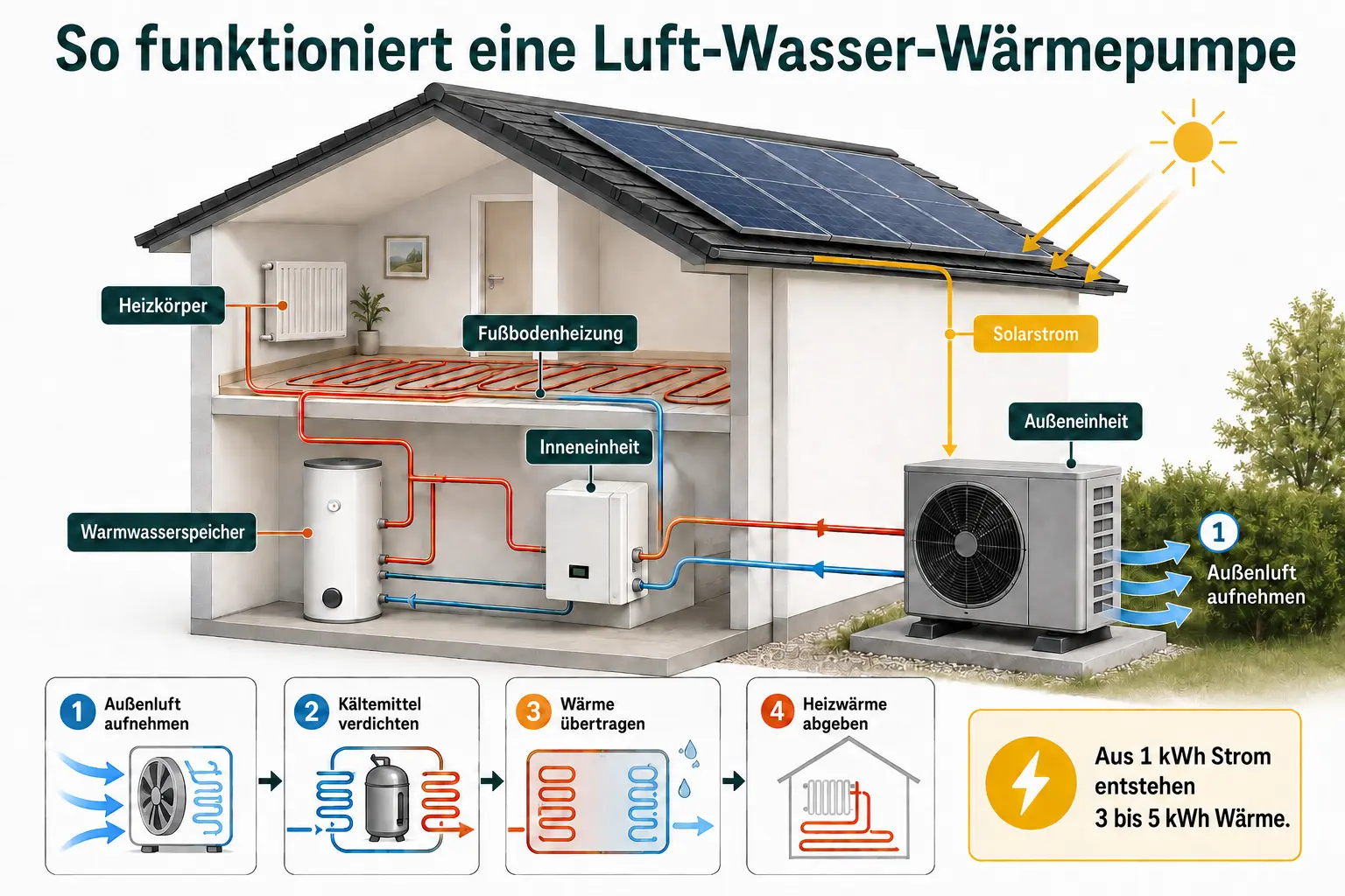 Infografik zur Funktionsweise einer Wärmepumpe mit Photovoltaik, Warmwasserspeicher und Heizkreislauf