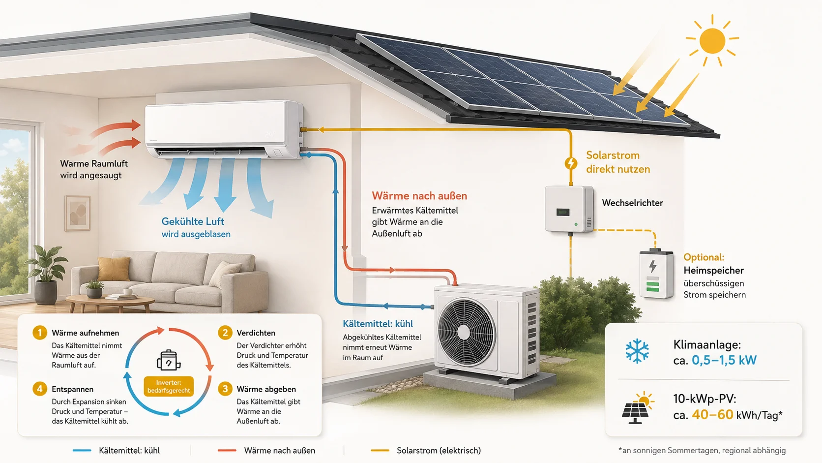 Split-Klimaanlage mit Kühlkreislauf sowie Stromversorgung durch Photovoltaikanlage und optionalen Stromspeicher